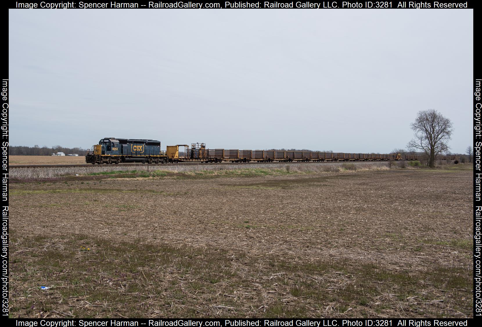 CSXT 8052 is a class EMD SD40-2 and  is pictured in Teegarden, Indiana, USA.  This was taken along the Garrett Subdivision on the CSX Transportation. Photo Copyright: Spencer Harman uploaded to Railroad Gallery on 04/10/2024. This photograph of CSXT 8052 was taken on Wednesday, April 10, 2024. All Rights Reserved. 